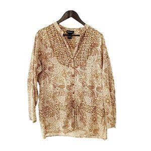 Request Gold Beige Tans Gold Sequin Floral Print Button Down Tunic Blouse‎